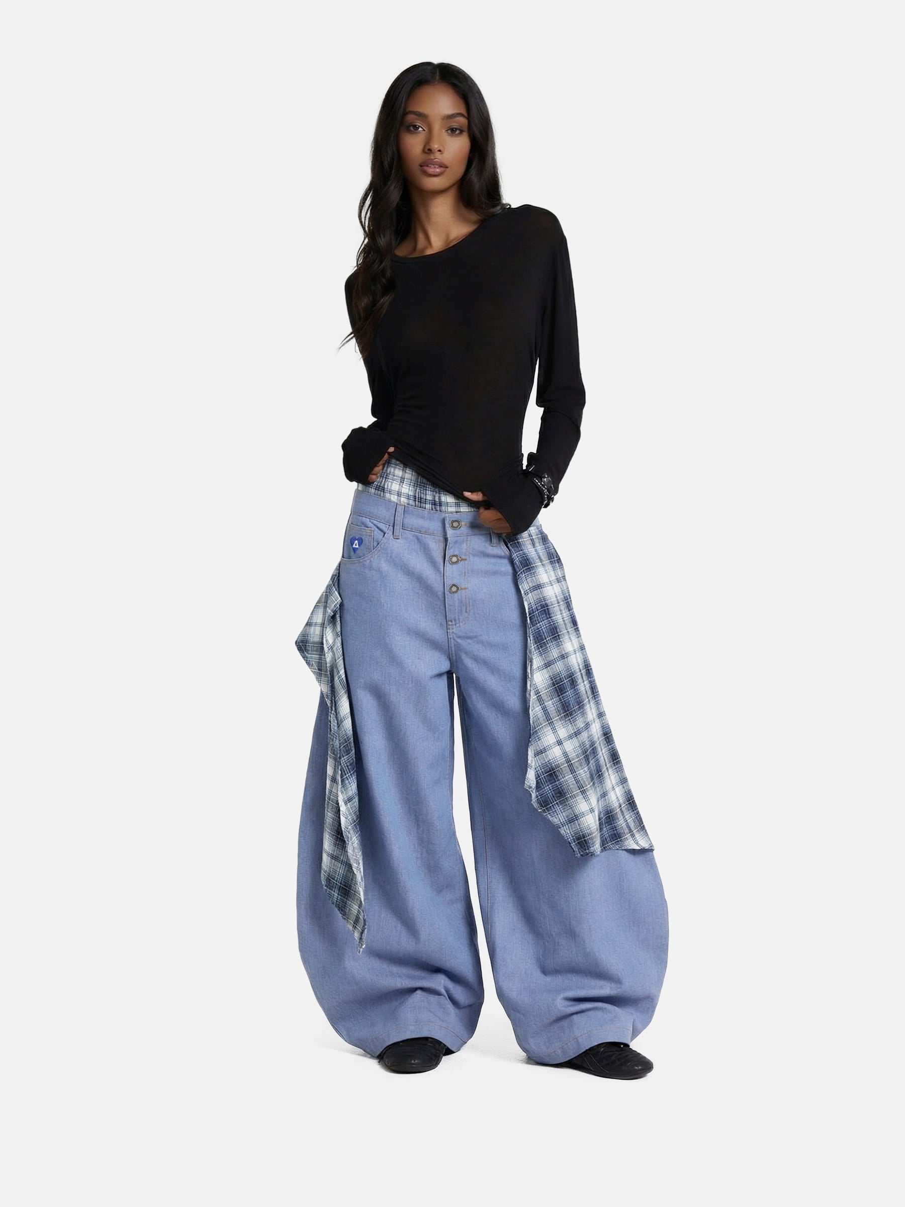 Aelfric Eden Double Waist Plaid Baggy Barrel Jeans